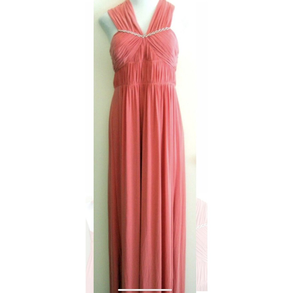 Max & Cleo Halter Embellished Maxi Dress SZ 14 Gathered Bodice Tiered Skirt Prom